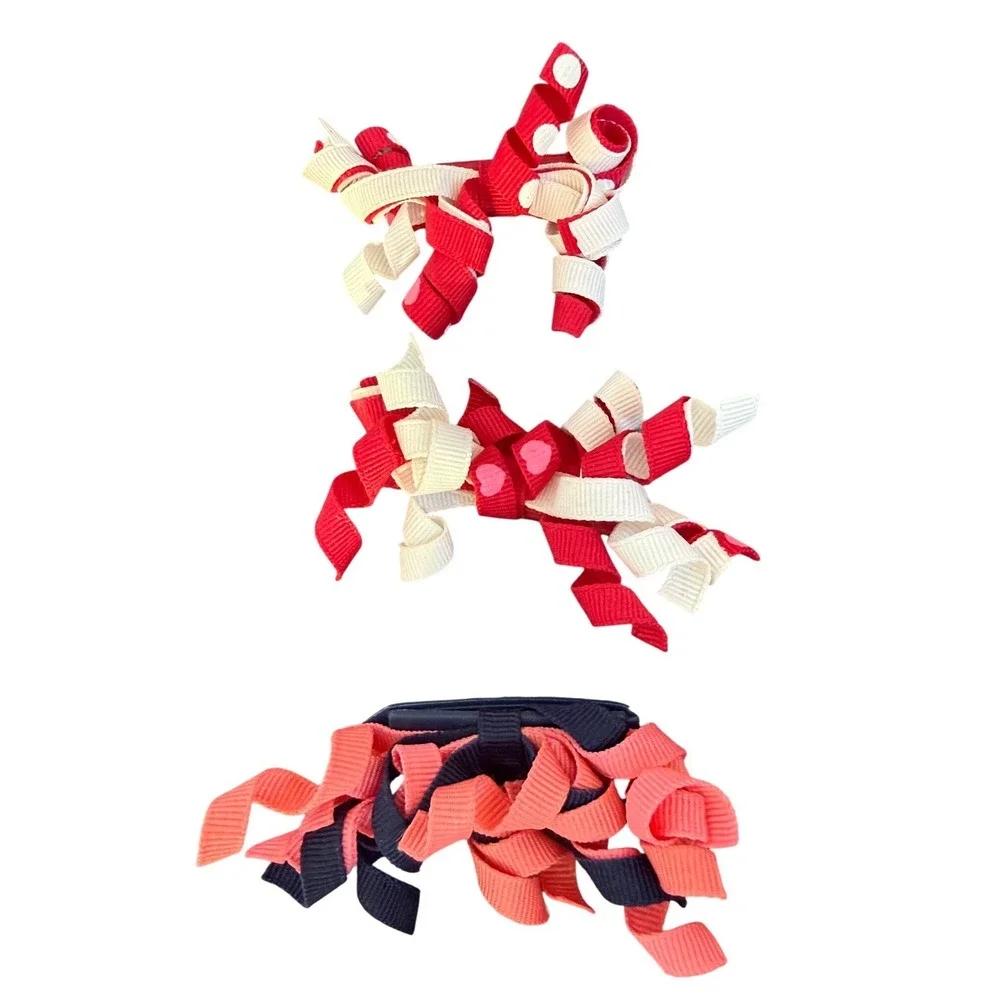 Gymboree Lot Ribbon Corker Hair Bows Red White Navy Coral‎ Curly Clips barrette
